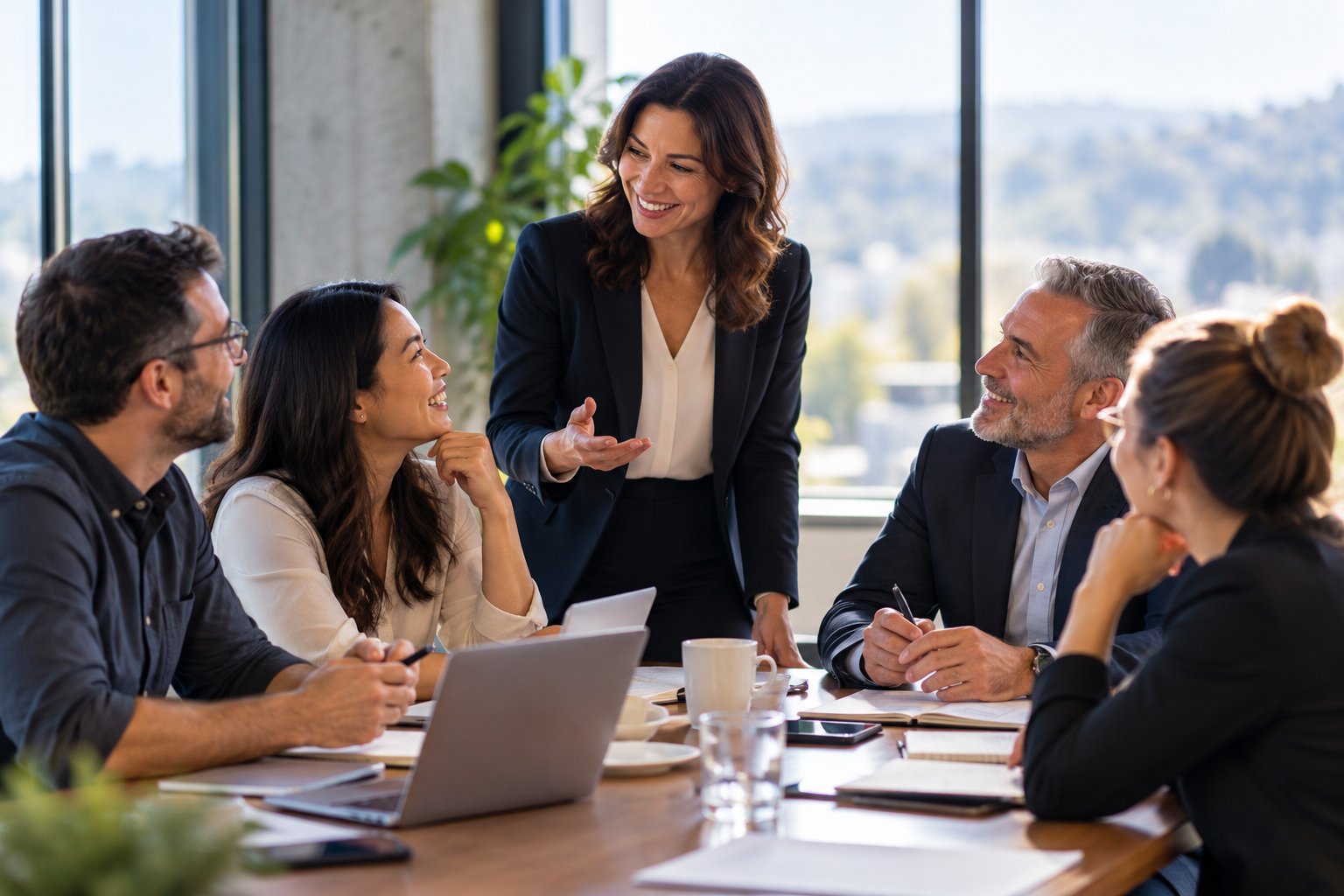 A woman leads a lively discussion with four colleagues around a conference table in a bright office.