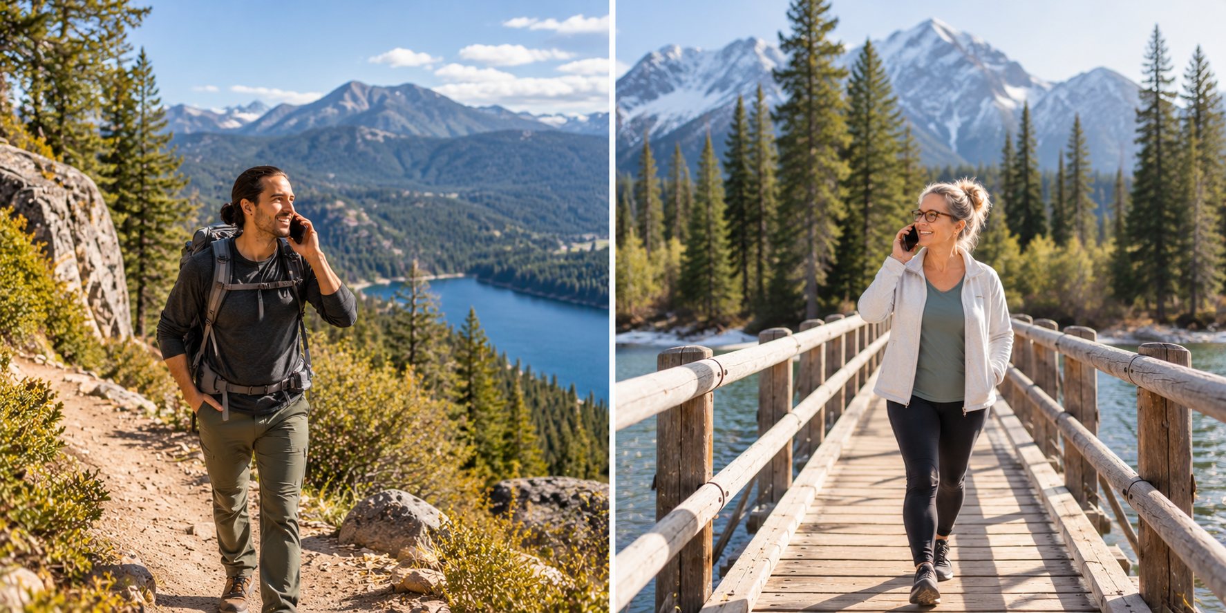 Two people talking on their phones while walking outdoors in different locations: a man hiking a mountain trail and a woman crossing a wooden bridge.